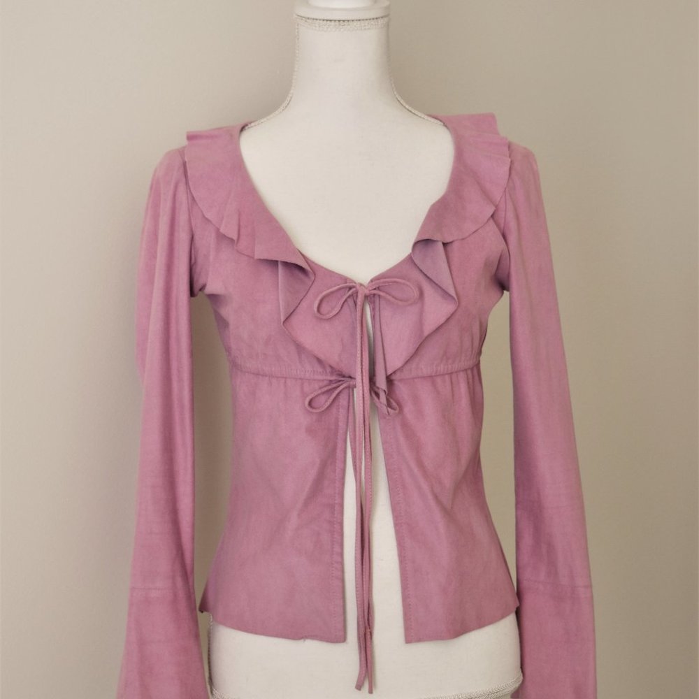 Pink Ultrasuede Ruffle Neck Tie Front Jacket
